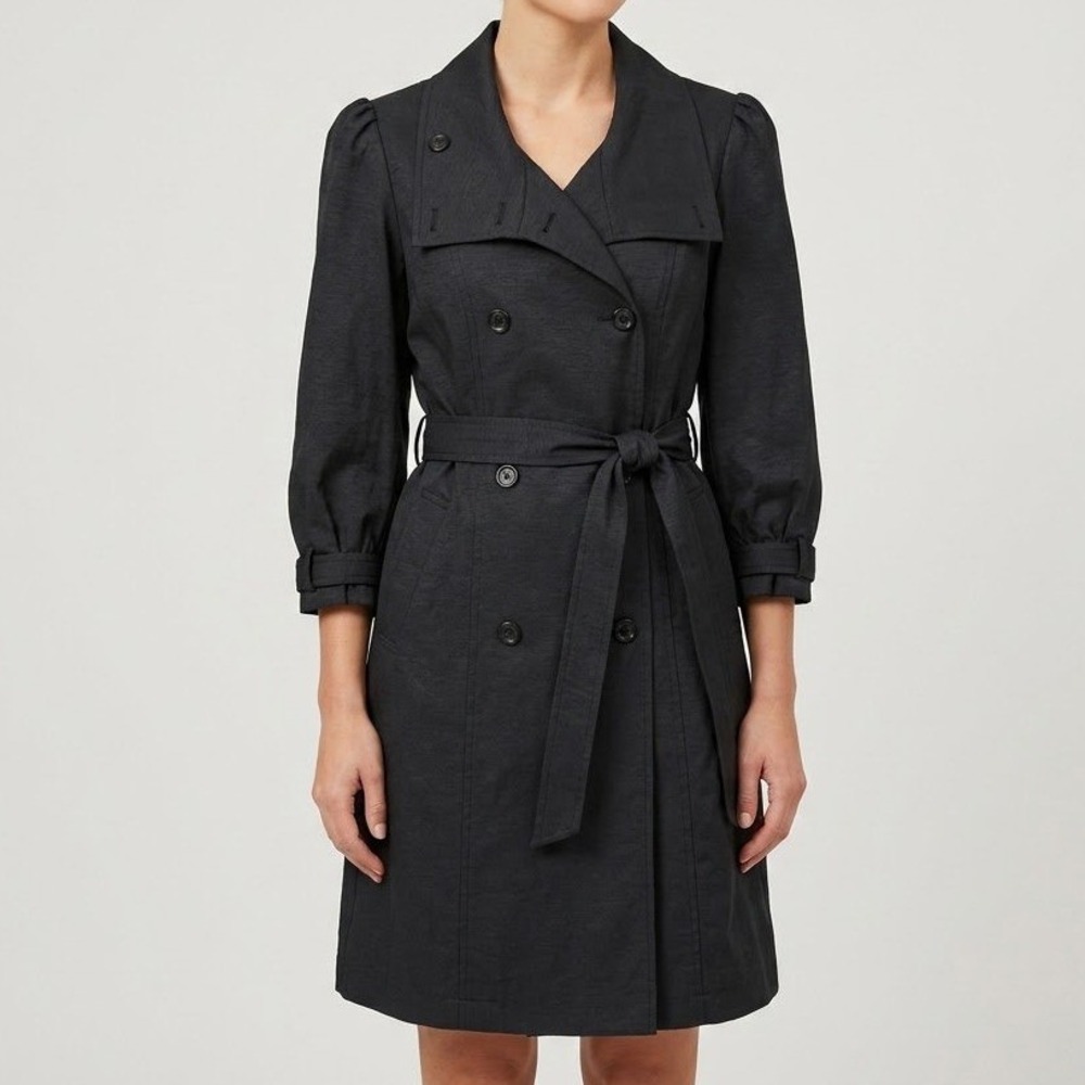 ALT Trench Coat Womens Medium Black Double Breasted Belted Puff Sleeve Jacket